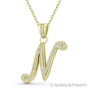Initial Letter "N" Cursive Script CZ Crystal Pendant in .925 Sterling Silver YG